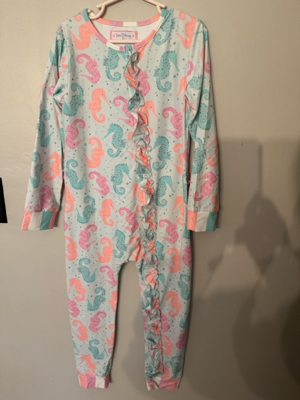 SweetHoney Mint Pink Coral Seahorse Ruffle Footed One-Piece